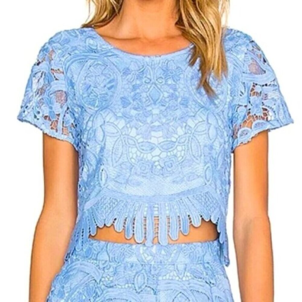Lovers & Friends Daycation Lace Embroidered Boho Crop Top in light baby Blue XS